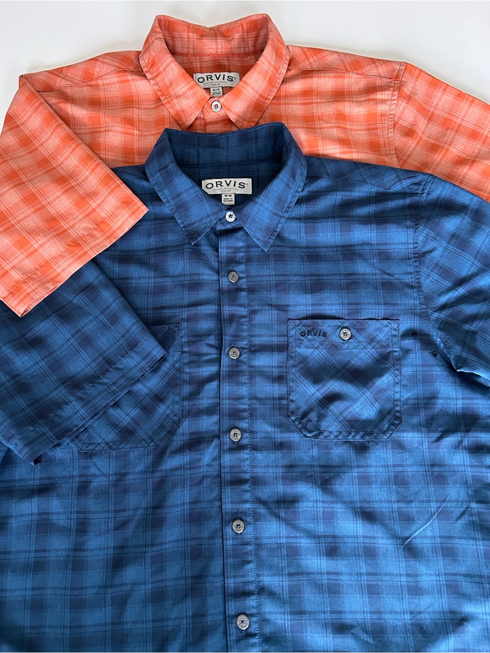 Lot of 2 ORVIS Men’s Short Sleeve Tech Shirts Button Down Orange Blue Plaid UPF